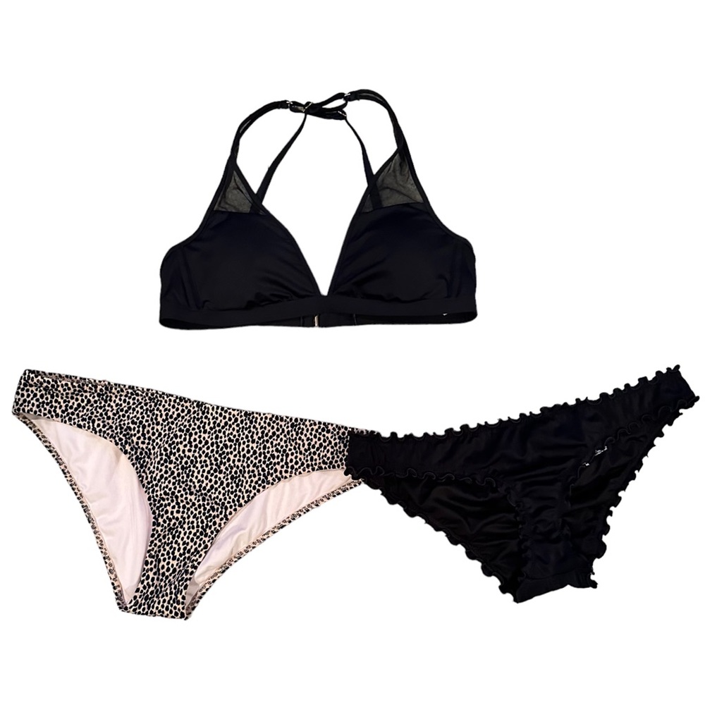 Shade & Shore Bikini with 2 bottoms Top Sz S Bottoms Sz M Black & Leopard